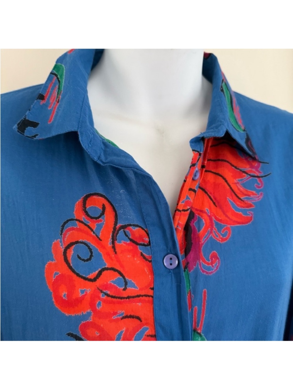 New Anthropologie Ro’s Garden Cotton Floral India Blue Red Midi Shirt Dress S - Picture 5 of 8